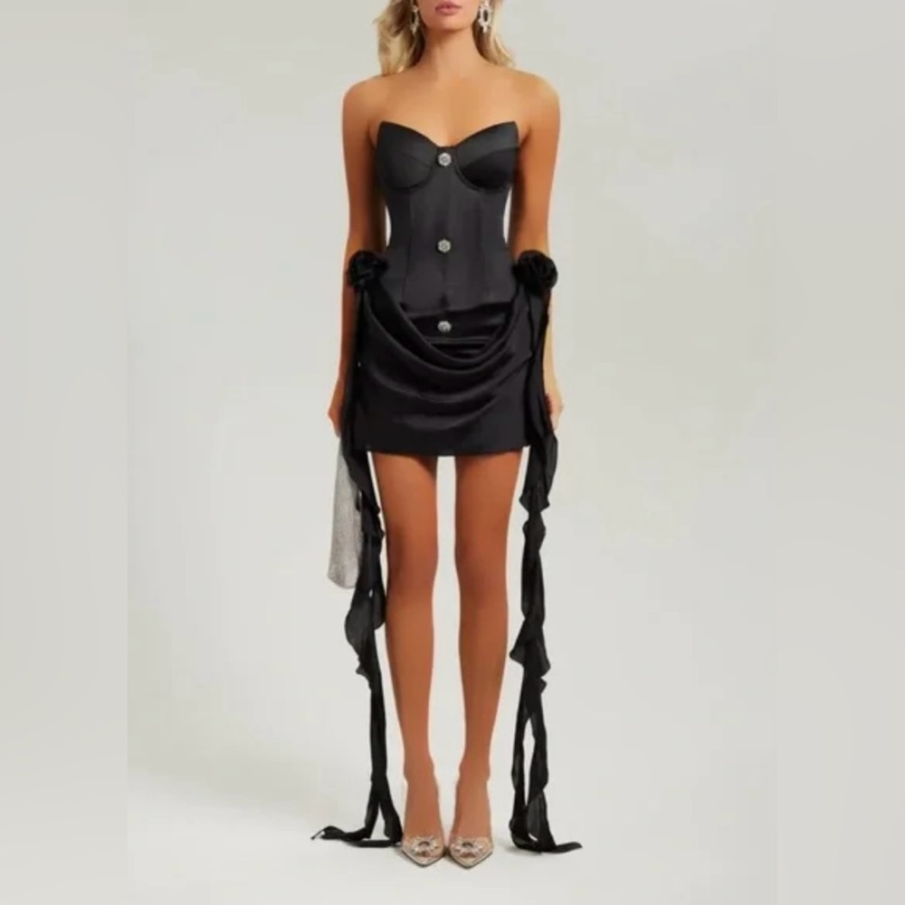 Black crystal satin drape flower mini dress